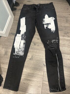 Boohoo Mens Black Skinny Jeans with White Paint Detail